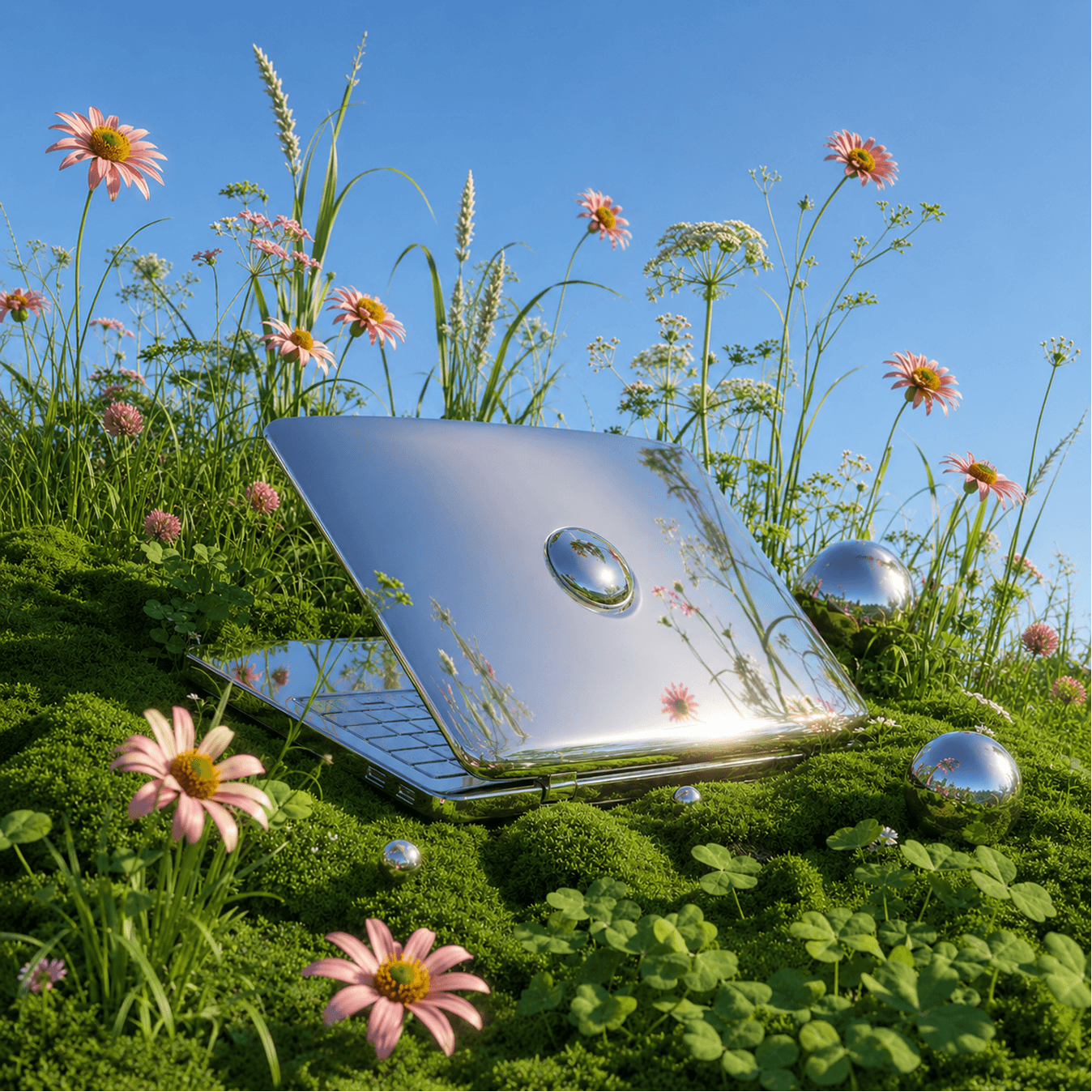 A metallic silver laptop and chrome spheres on a green grass field with pink flowers under a blue sky.