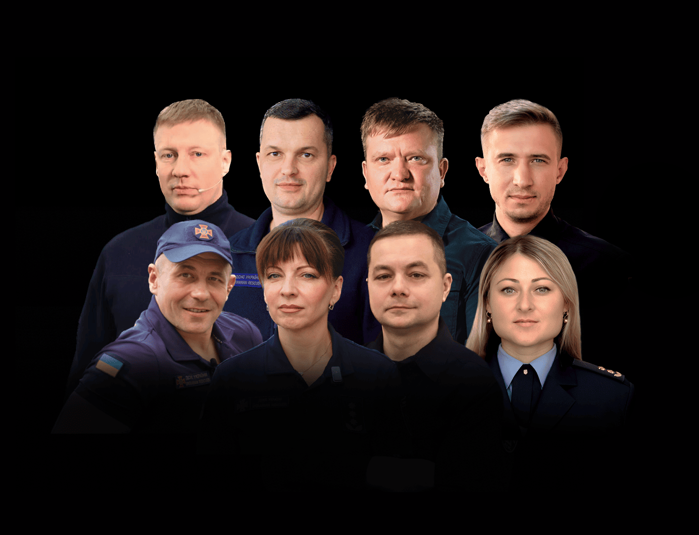 Six men and two women in two rows against a black background